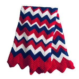 Bright Handmade Crochet Lap Throw Blanket Red Purple Chevron VTG Style